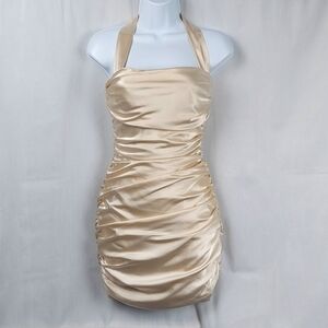 Sexy halterneck ruched mini dress - gold - 2/XS